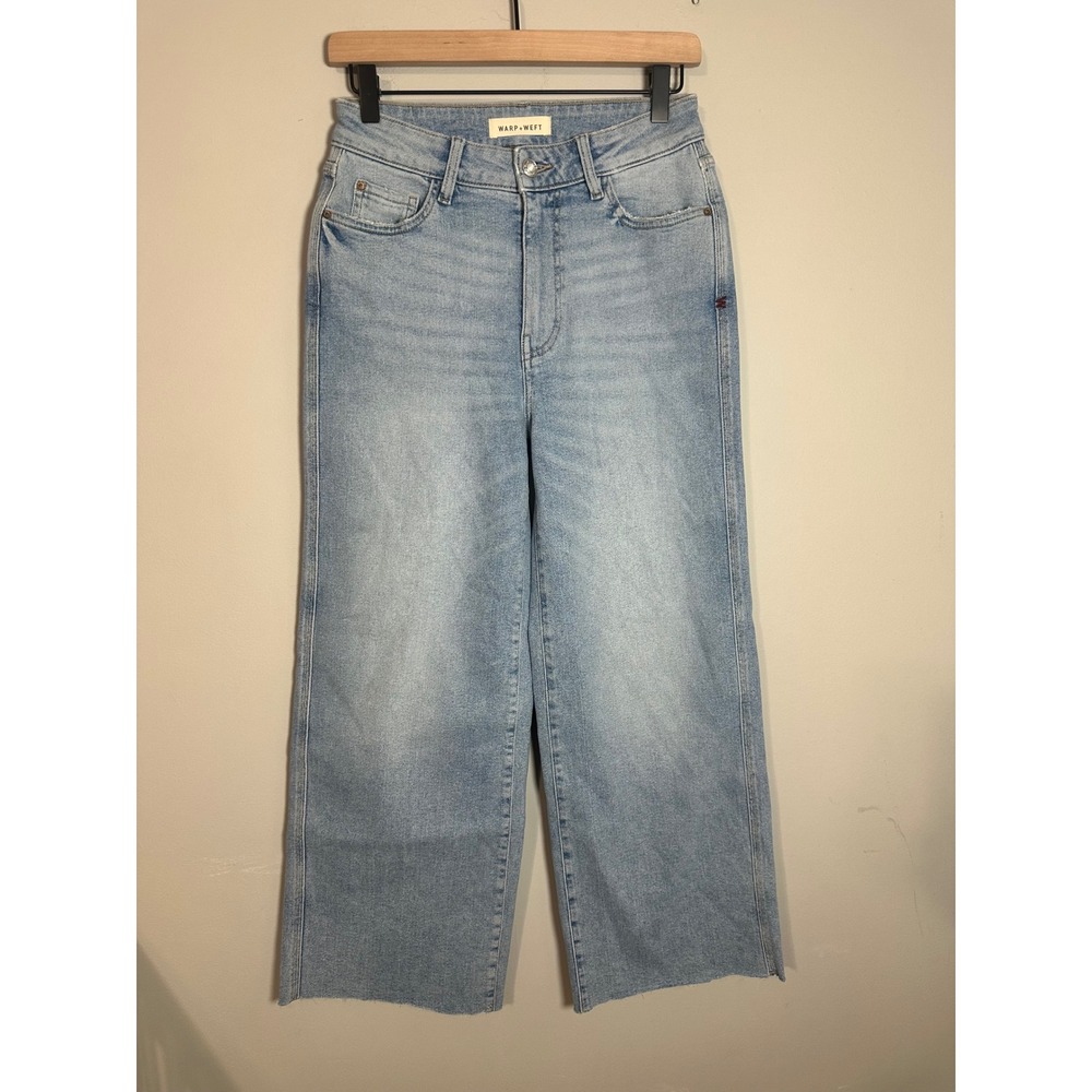 Warp + Weft High Rise Wide Leg Cropped Jeans Light Wash Blue Raw Hem Size 26